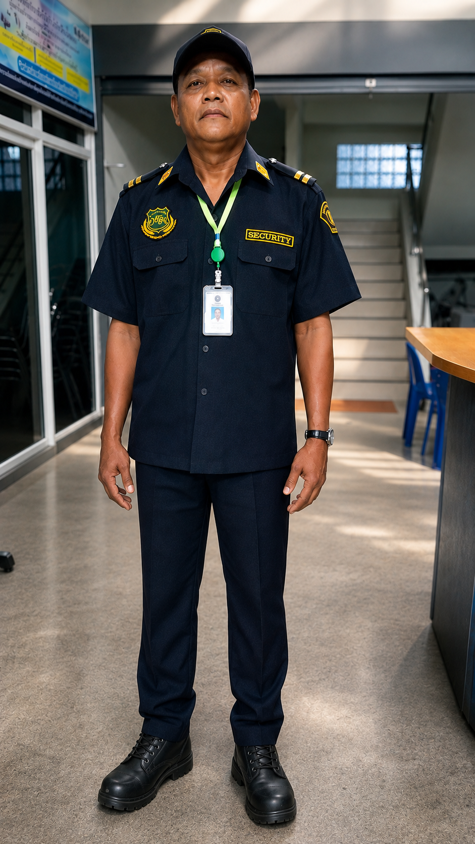 เจ้าหน้าที่รักษาความปลอดภัย PTH Guard Security สวมเครื่องแบบสีน้ำเงินเข้ม หมวก บัตรประจำตัว และรองเท้าปฏิบัติงาน